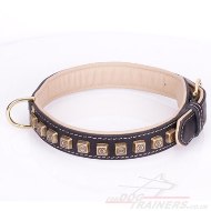 "Cube" Soft Black Leather Dog Collar With Brass Decorations