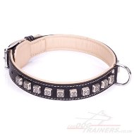 "Cube" Luxury Black Leather Dog Collar With Brass Studs