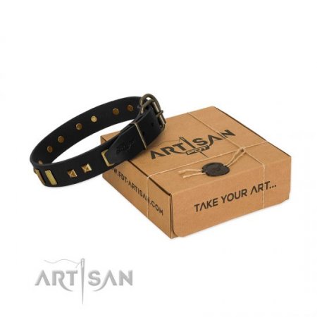 "Fit For Royalty" Charming Black Real Leather Dog Collar With Brass Adornment FDT Artisan
