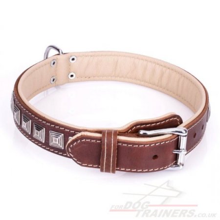 "Pyramid" Top-Quality Brown Leather Dog Collar With Decorations