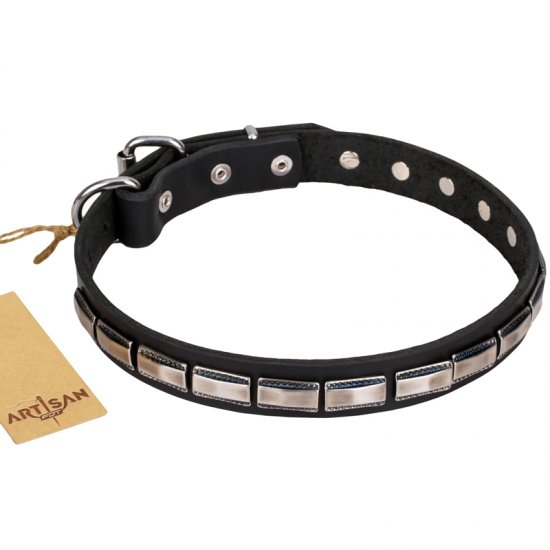 Luxury Black Leather Dog Collar With Silver-Like Plates For Safe Control FDT Artisan