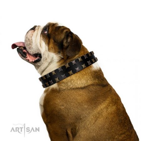 "Refined Pattern" Stylish Black Real Leather Dog Collar FDT Artisan