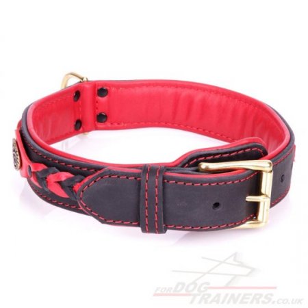 "Heavy Fire" Durable Black And Red Leather Dog Collar With Decorations