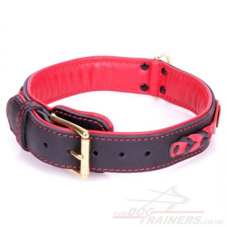 "Heavy Fire" Durable Black And Red Leather Dog Collar With Decorations