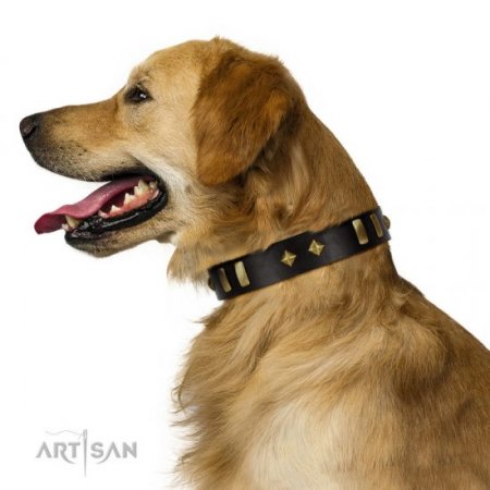 "De Luxe" Soft Black Leather Dog Collar With Brass Decorations FDT Artisan