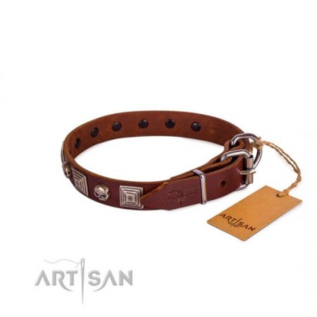 Brown Studded Dog Collar | Leather Dog Collar Metal Buckle FDT Artisan