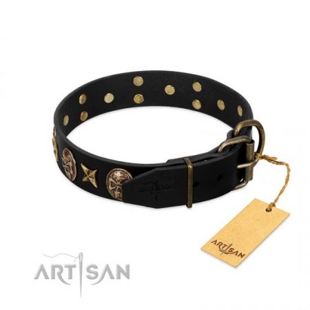 "Starry Saga" Beautiful Black Real Leather Dog Collar FDT Artisan