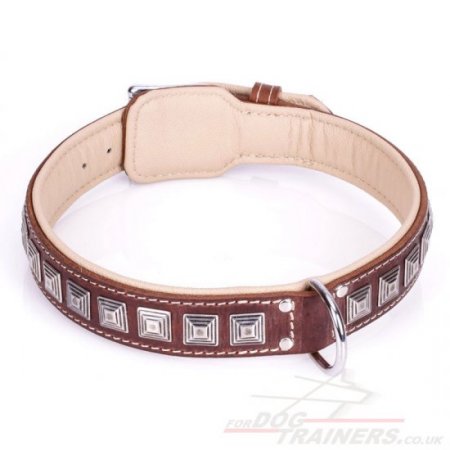 "Pyramid" Top-Quality Brown Leather Dog Collar With Decorations