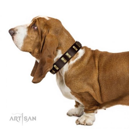 "Peace and Harmony" FDT Artisan Brown Leather Collar for Big Dogs with Brass Plates