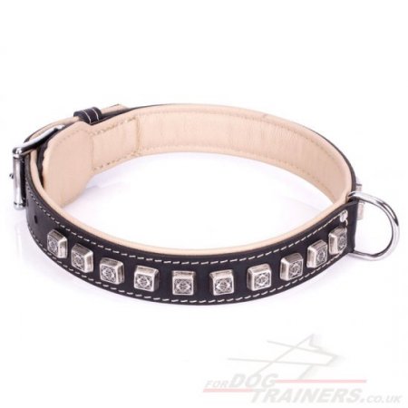 "Cube" Luxury Black Leather Dog Collar With Brass Studs