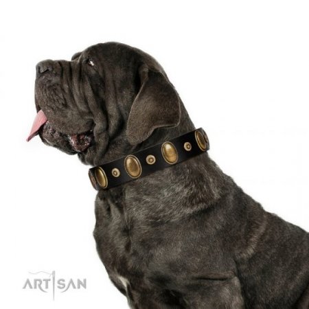 "Venerable Pawty" Black Real Leather Dog Collar With Brass Studs FDT Artisan