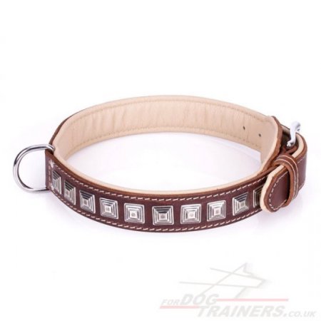 "Pyramid" Top-Quality Brown Leather Dog Collar With Decorations