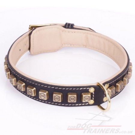 "Cube" Soft Black Leather Dog Collar With Brass Decorations