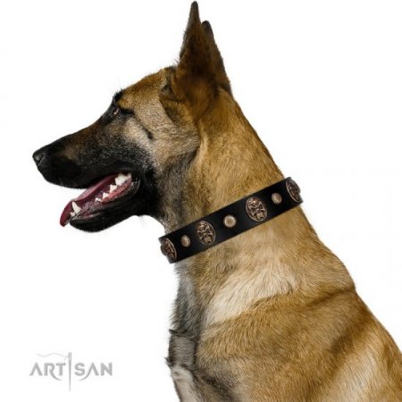 Extravagant Black Leather Dog Collar with Skulls FDT Artisan