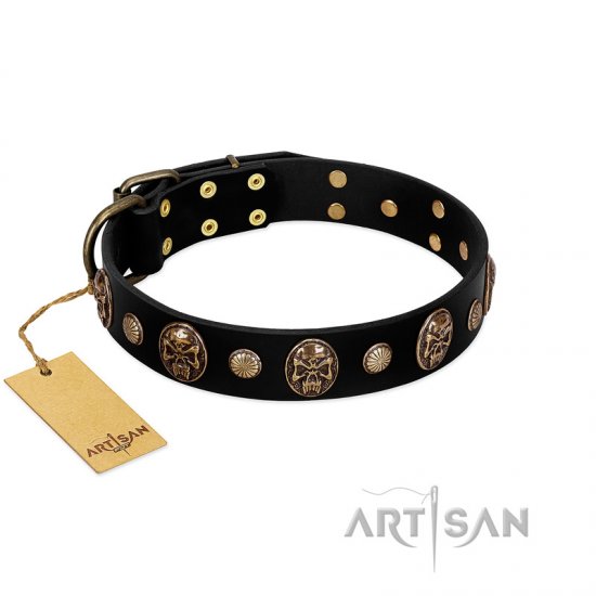 Extravagant Black Leather Dog Collar with Skulls FDT Artisan