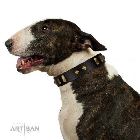 "De Luxe" Soft Black Leather Dog Collar With Brass Decorations FDT Artisan