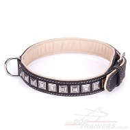 Ultramodern Black Real Leather Dog Collar Engraved With Shiny Studs